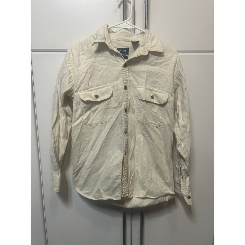 Bon Homme Mens‎ Cream Flannel Button Down Shirt Off White Cotton Utility Large